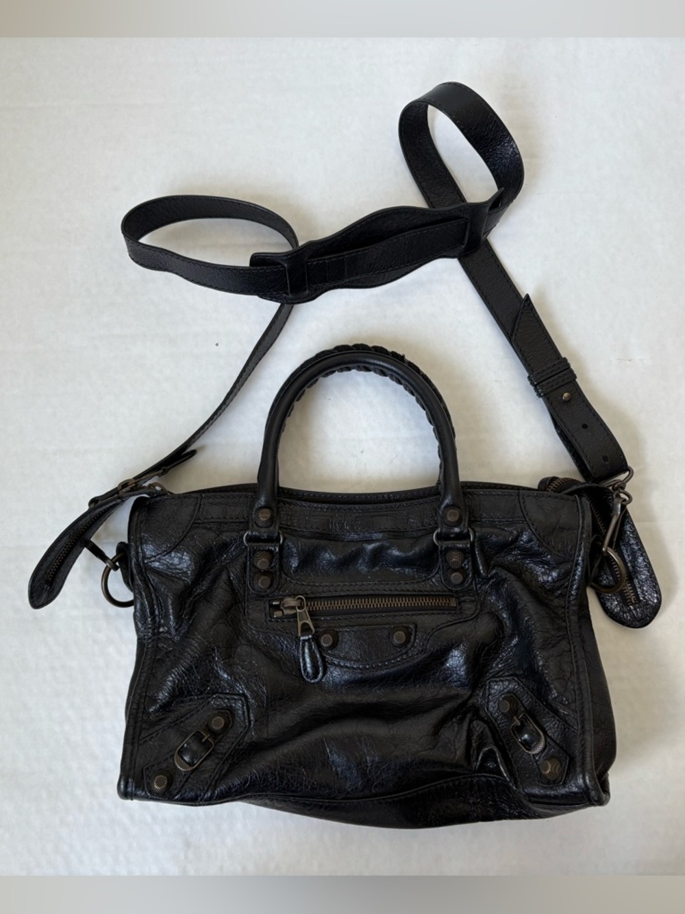 Balenciaga Black Distressed Leather City Giant Bag Small Crossbody Strap Moto